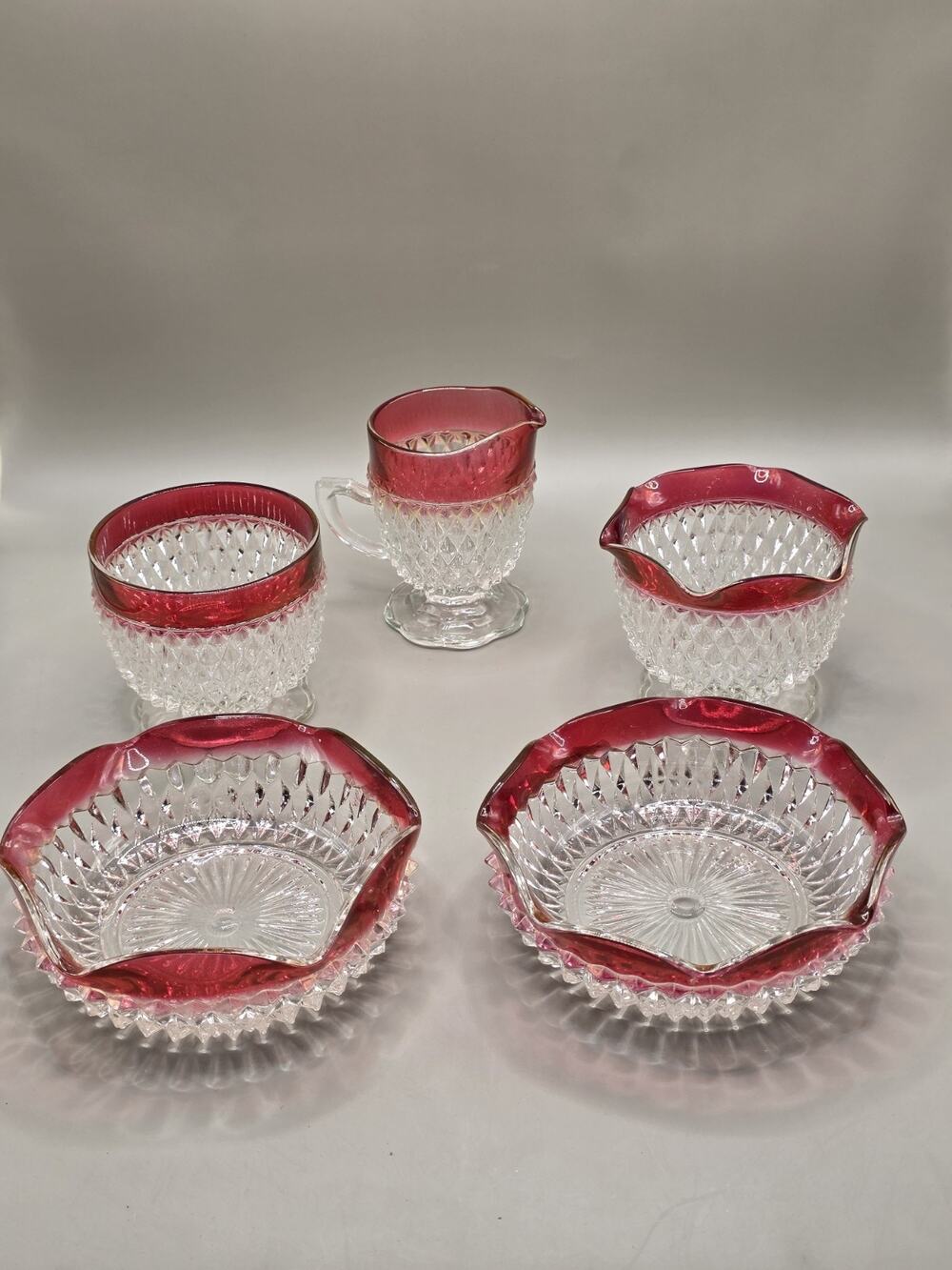 Vintage Indiana Glass Diamond Point Ruby Flash 5 Pc Set Creamer Sugar Berry...
